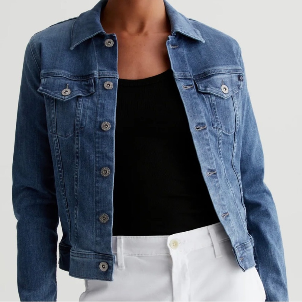 AG Stretch Denim Jacket. Button front. Two back buttons. Relaxed fit.